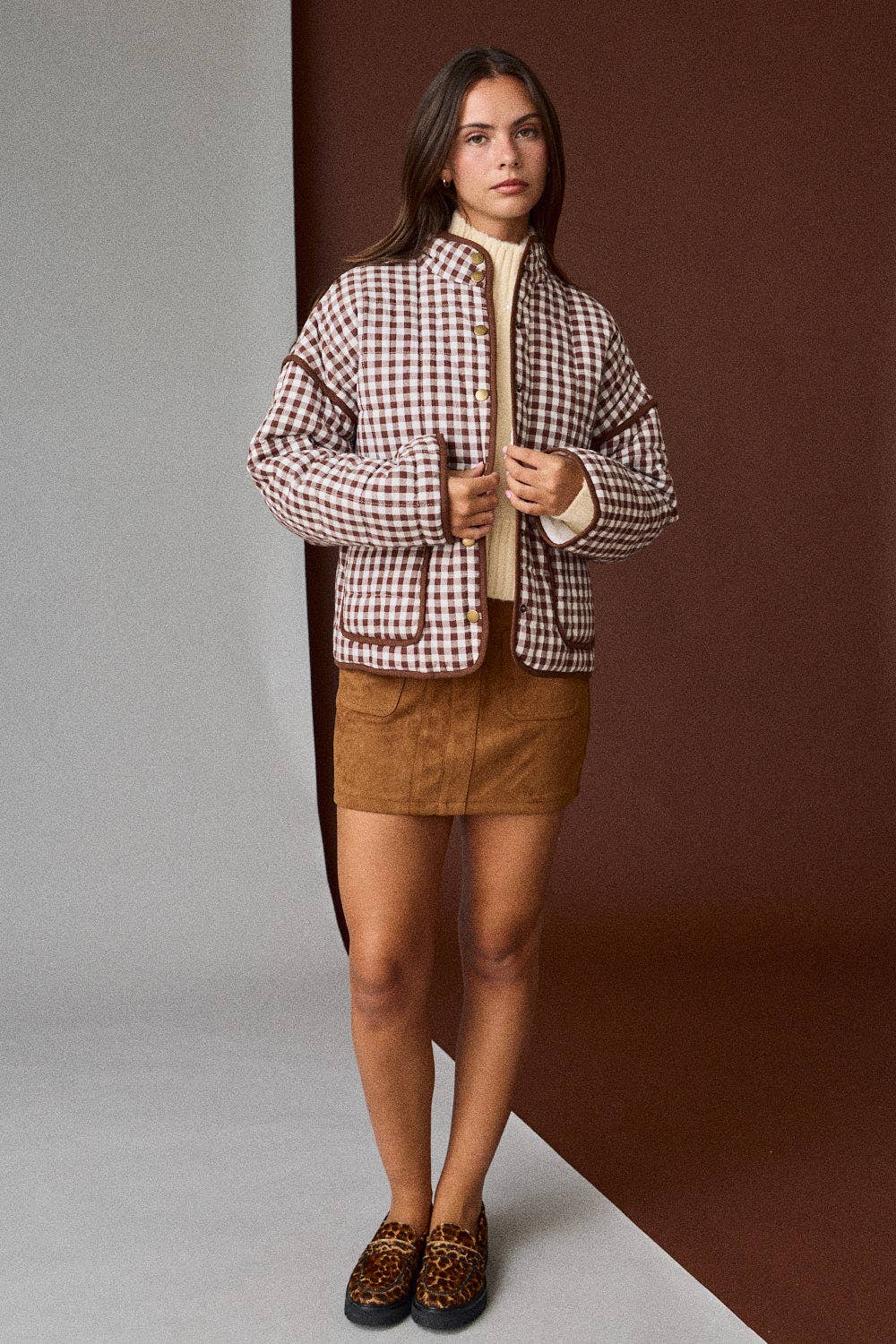 PREORDER - Gingham Quilted Jacket : BROWN