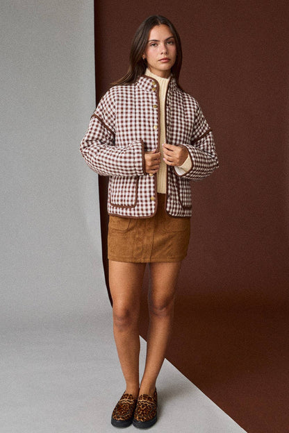 PREORDER - Gingham Quilted Jacket : BROWN