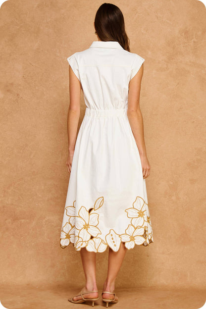 Floral Cut-Out Embroidery Twill Midi Shirt Dress