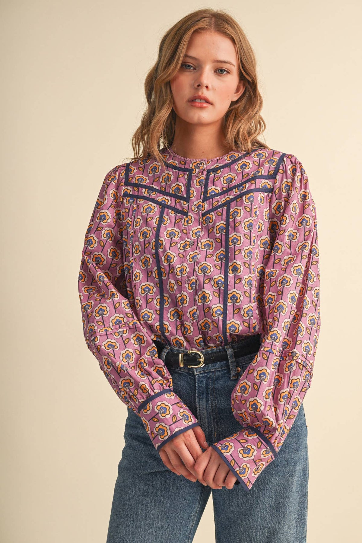 PREORDER : FLORAL BUTTON UP TOP WITH CONTRAST BINDING TRIM : ORCHID FLORAL
