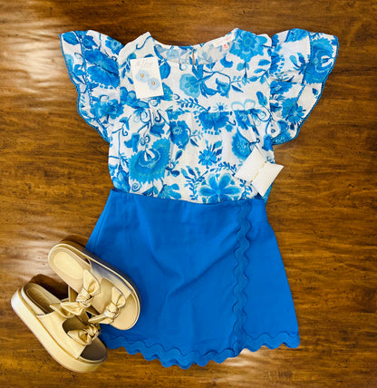Woven Skort with scalloped ric-rac: Cobalt