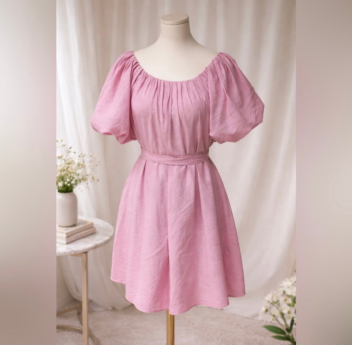 Endless Rose pleated detail puff sleeve mini dress / PINK
