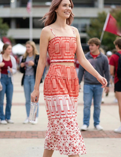 Geometric printed crop top and midi skirt set: RED COMBO