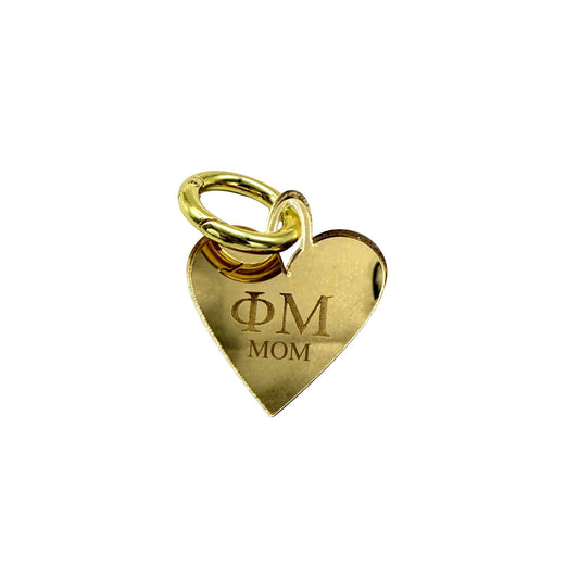 Acrylic Engraved Sorority + MOM Heart Charm: Mirror Gold / O Lever Ring Clasp / Phi Mu