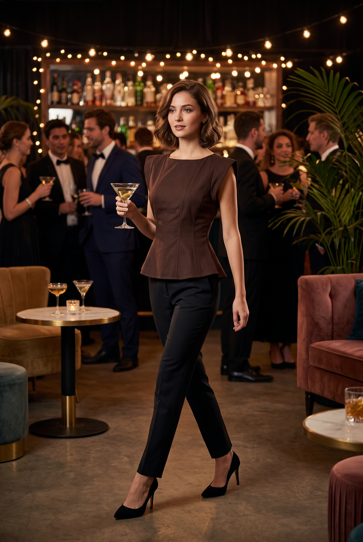PREORDER - Stretch Cap Sleeve Peplum Top: CHOCOLATE BROWN