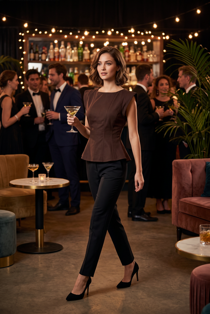 PREORDER - Stretch Cap Sleeve Peplum Top: CHOCOLATE BROWN