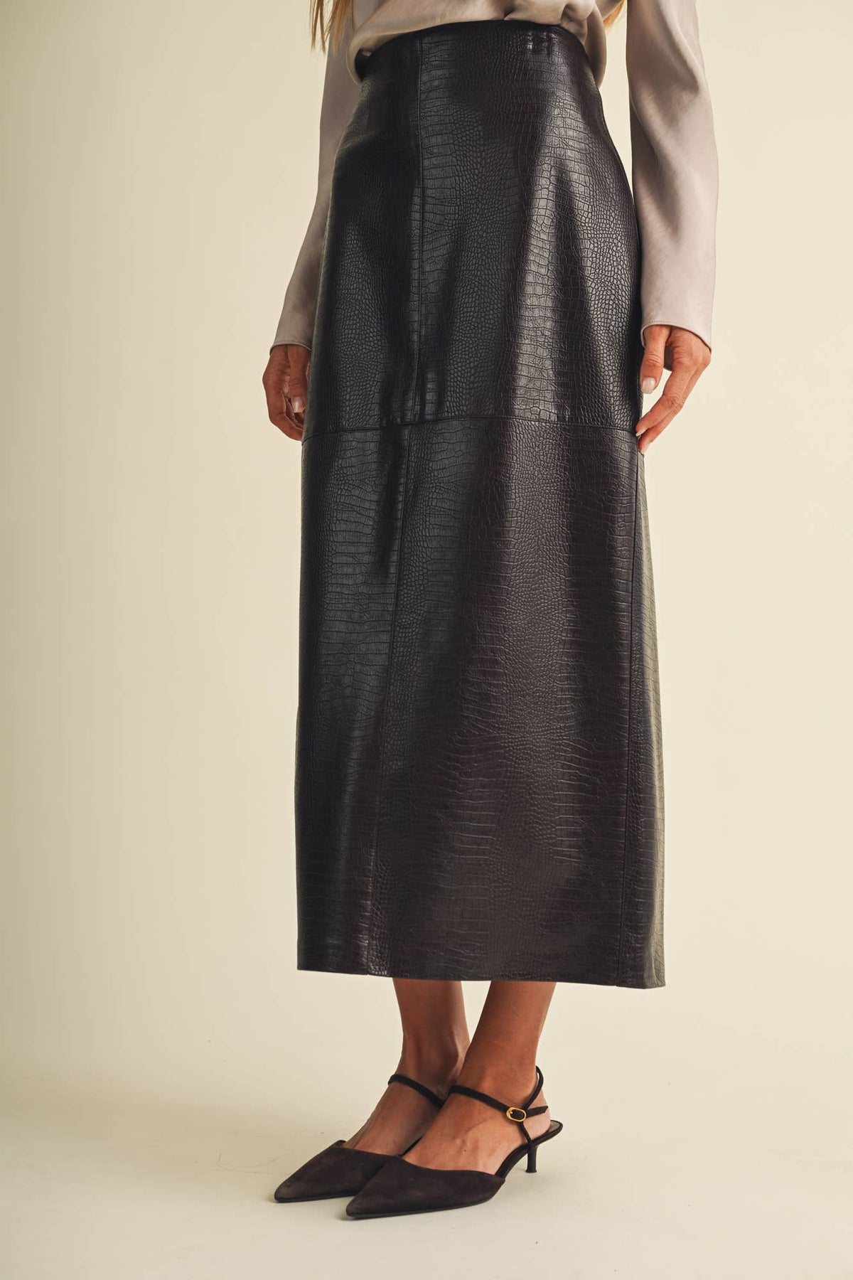 PREORDER - Croc-Embossed Pencil Skirt: Choco Fondant