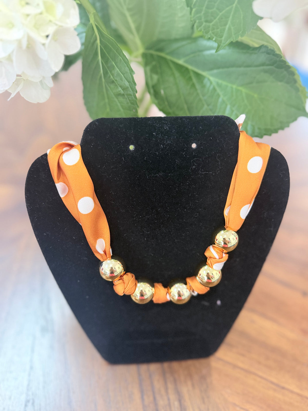 Orange polkadot scarf necklace with gold ball charms