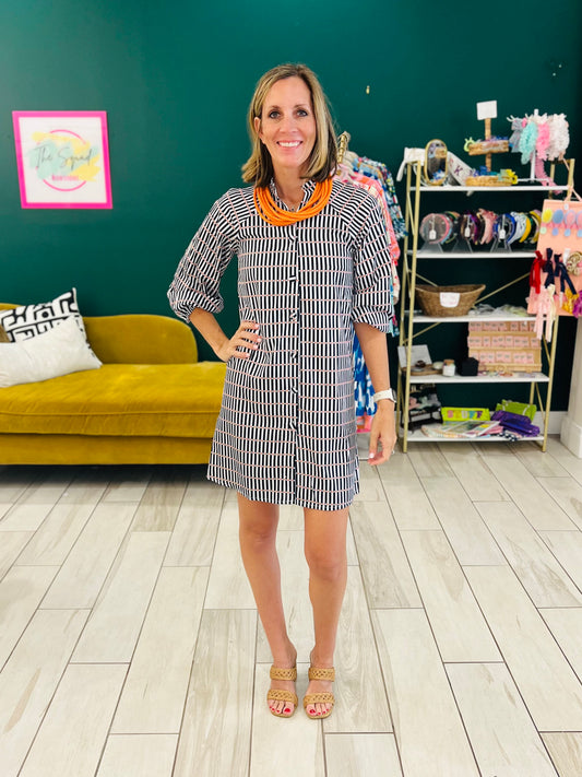 CLEARANCE: Black & White striped dress with orange dots