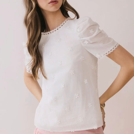 TCEC floral embroidered white puff sleeve blouse