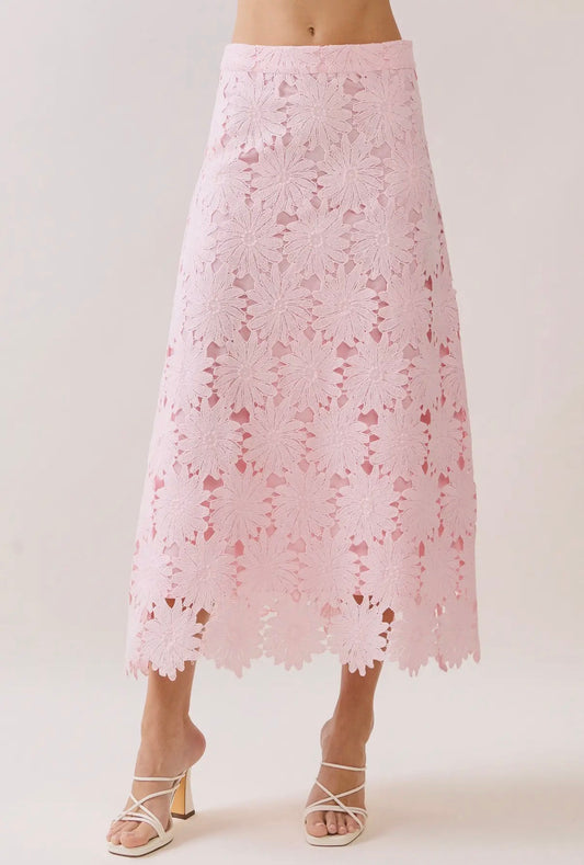 TCEC Floral Lace scalloped hem midi skirt: PINK