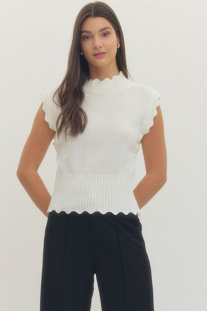 Entro - Scallop Trim Ribbed Waist Top / OFF WHITE