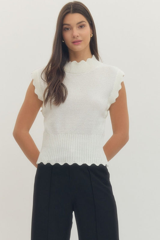 Entro - Scallop Trim Ribbed Waist Top / OFF WHITE