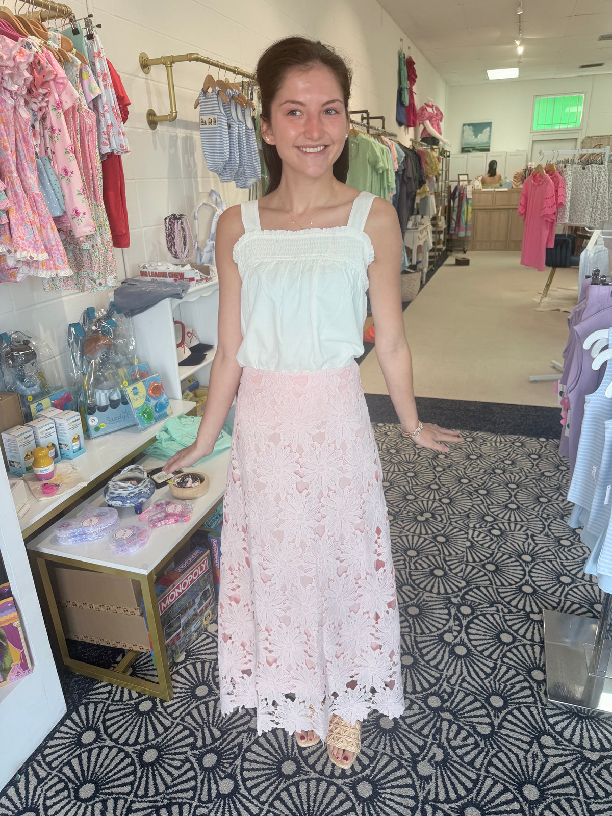 TCEC Floral Lace scalloped hem midi skirt: PINK