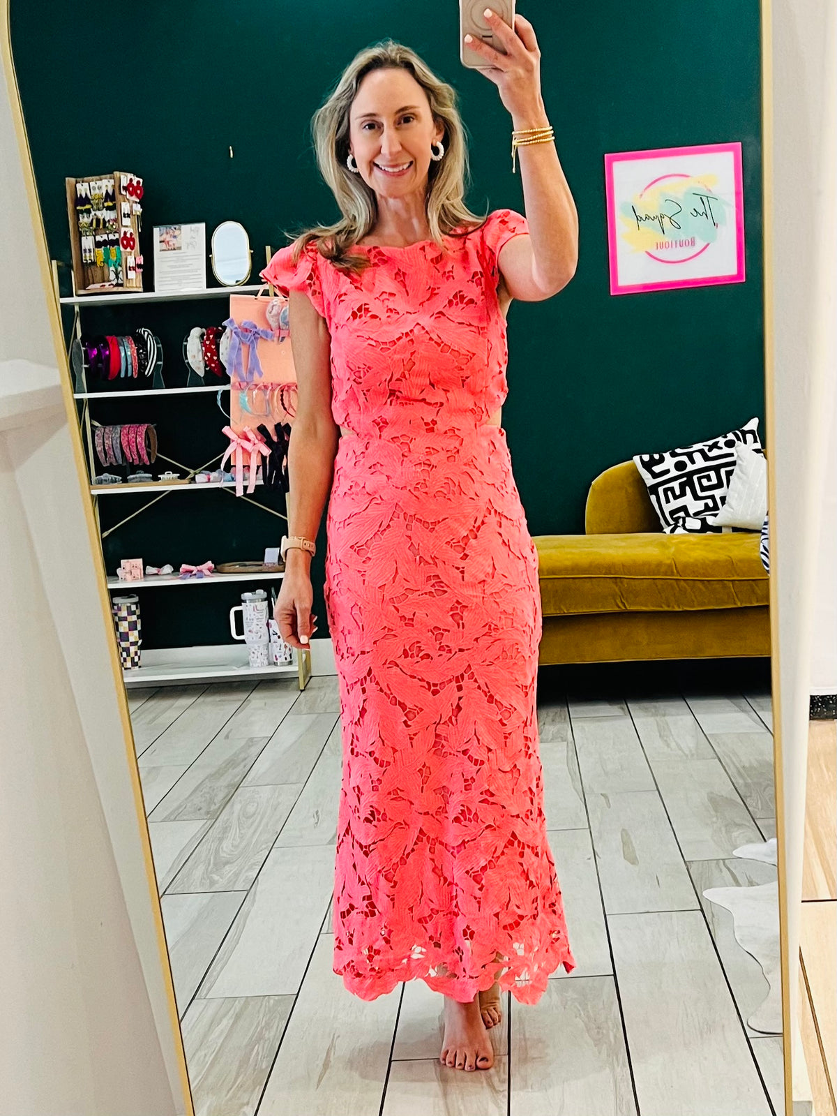 Adelyn Rae: Portia 3D Lace Cap Sleeve Midi Dress: Coral