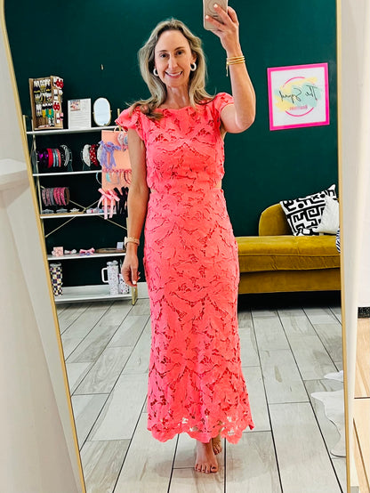 Adelyn Rae: Portia 3D Lace Cap Sleeve Midi Dress: Coral