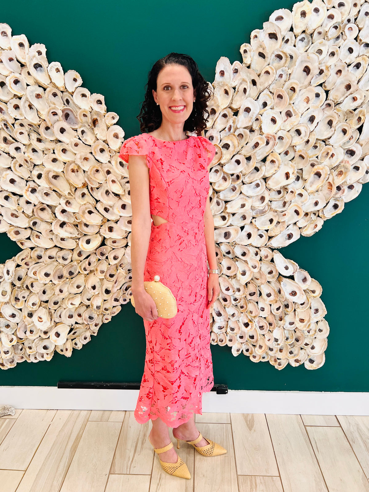 Adelyn Rae: Portia 3D Lace Cap Sleeve Midi Dress: Coral