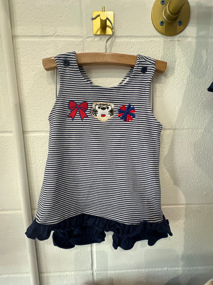 Navy and white striped girls jags set with ruffle trim monogrammed