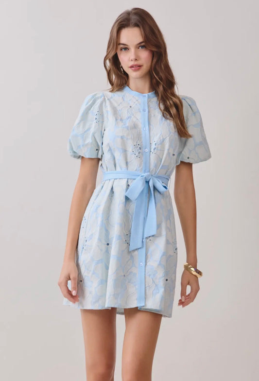 TCEC - Floral Eyelet Button Front Mini dress - BLUE
