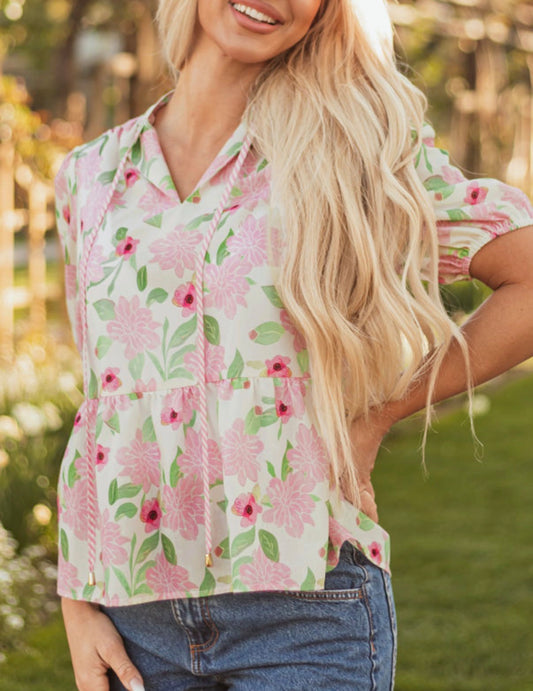 Pink and green floral blouse with pinstripe trim