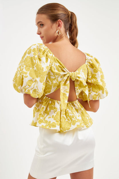 La’Ven Floral Tied Back Top / Chartreuse CLEARANCE
