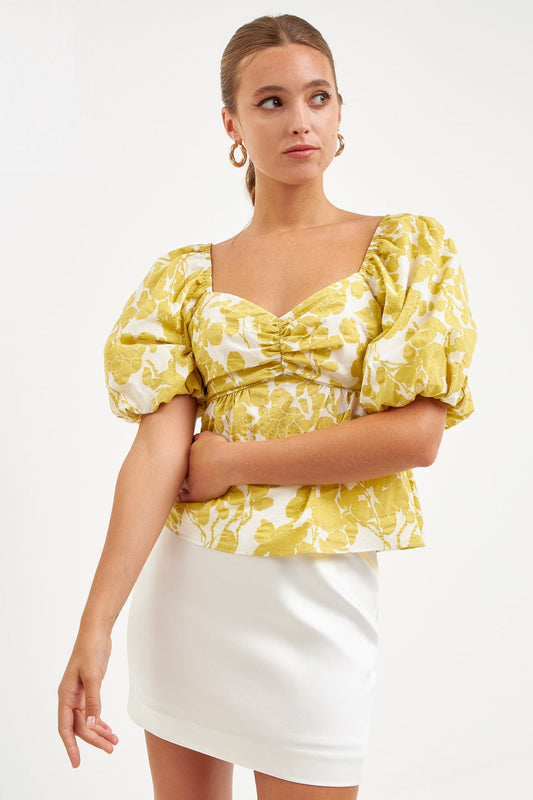 La’Ven Floral Tied Back Top / Chartreuse CLEARANCE