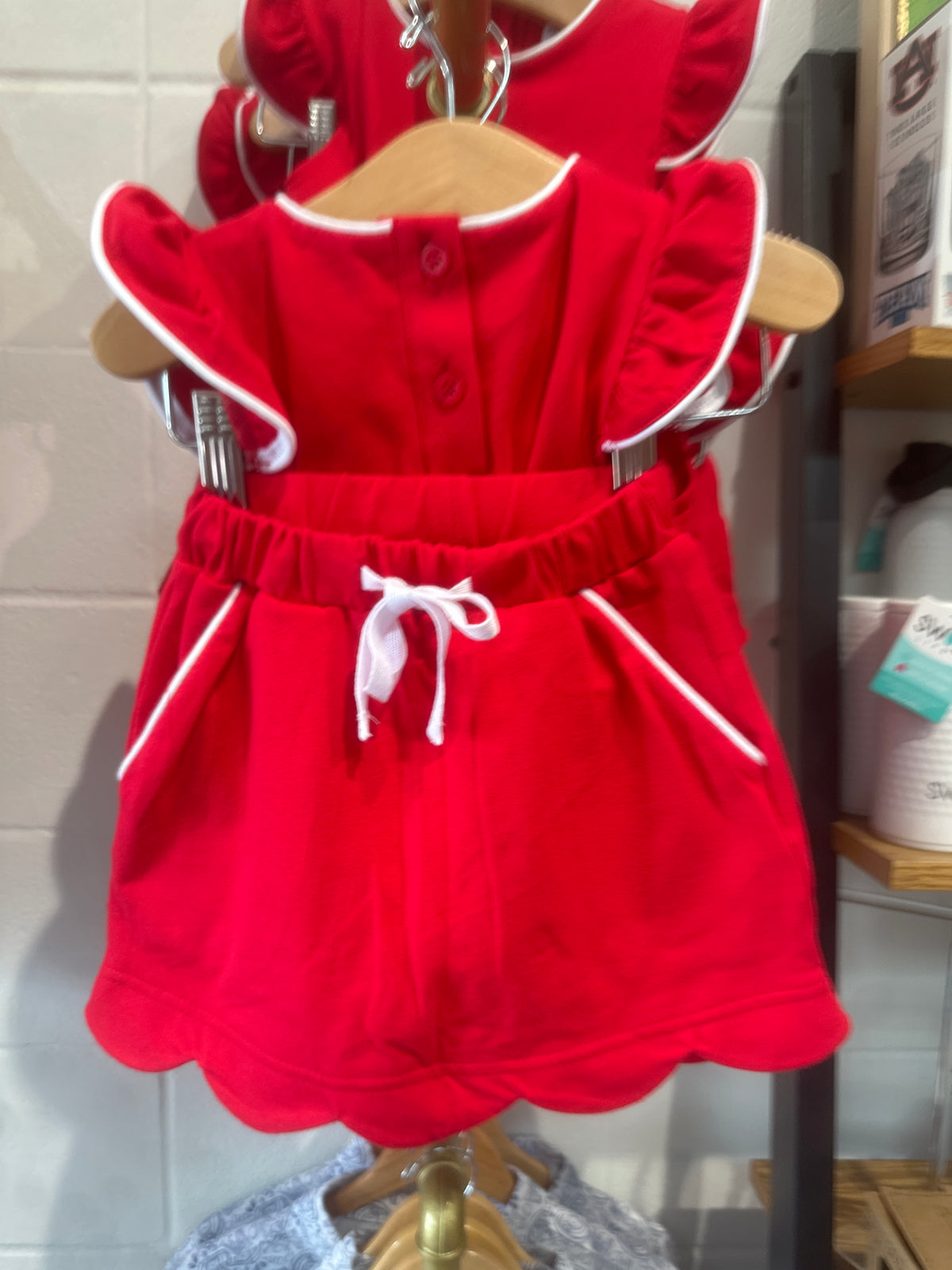 Red girls scalloped skirt set with white trim