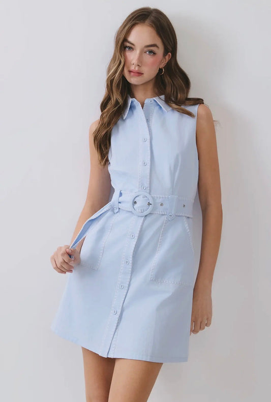 TCEC contrast stitching, structured belted mini dress / blue