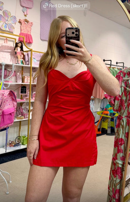 Front Twist Poplin Romper w/ overlay skirt : RED