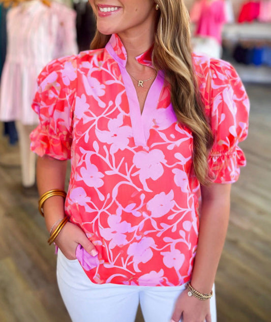 CLEARANCE: Lilac and dark coral v split mock collar neck blouse