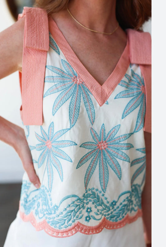 Entro embroidered tank top with faux bow shoulder : coral / blue