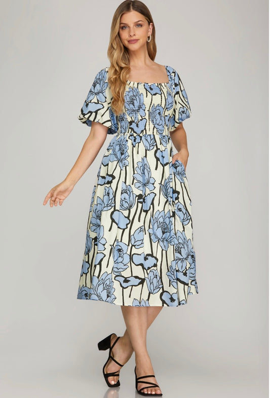 She+Sky Floral puff sleeve midi dress