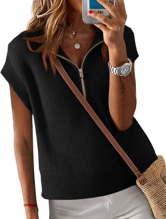Lightweight half zip cropped sweater - Black