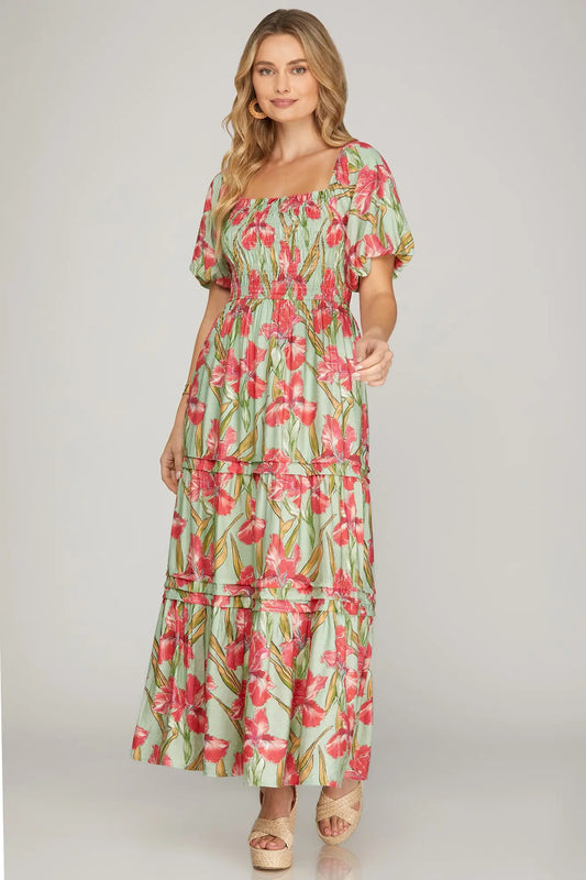 Puff Sleeve Smocked Midi Dress / mint : pink