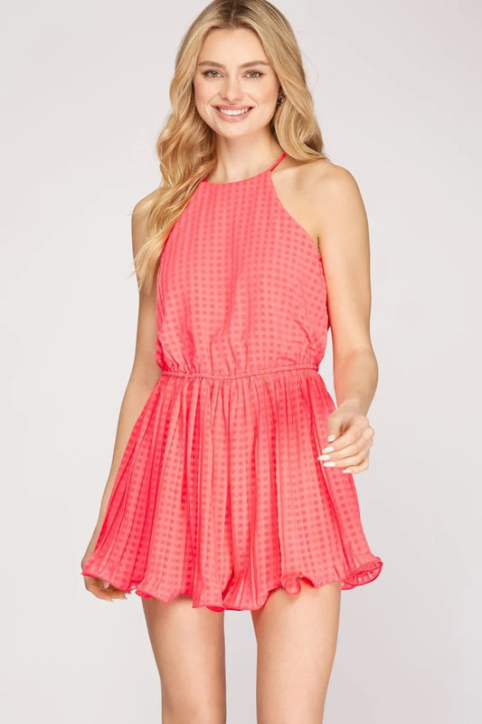 Coral Gingham halter romper