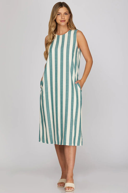 SLEEVELESS WOVEN STRIPE MIDI DRESS WITH POCKETS : TEAL