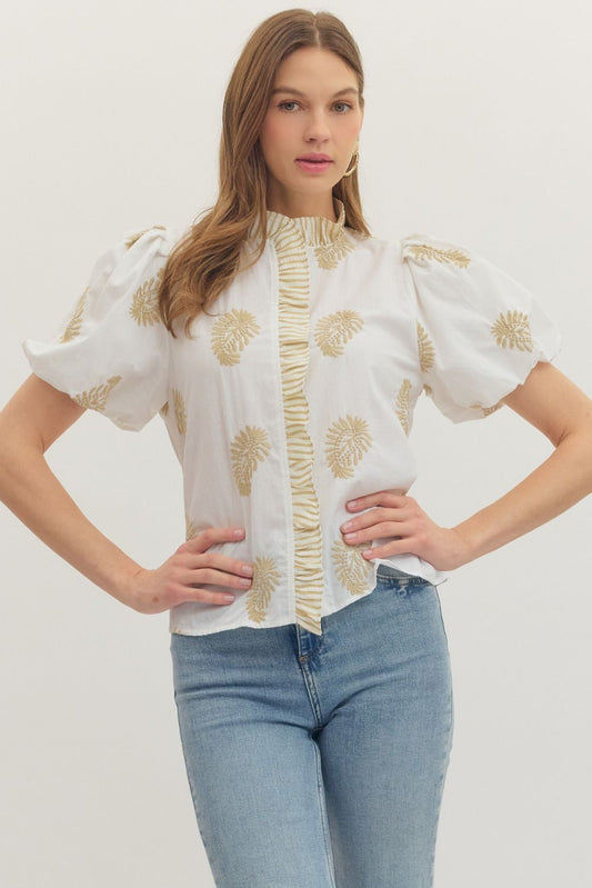 Entro Botanical embroidered short puff sleeve top : white / tan