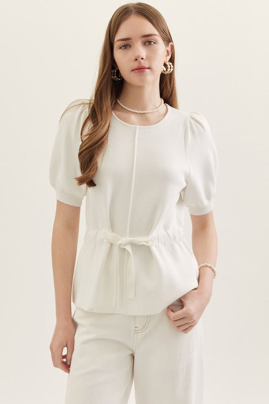 Entro tie waist puff sleeve knit top