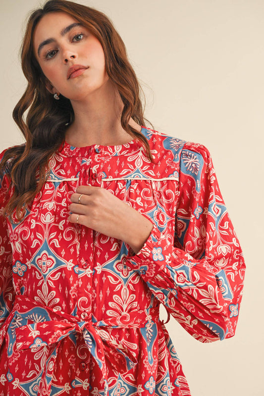 &MERCI EXCLUSIVE PRINT LONG SLEEVE BUTTON DOWN MINI DRESS