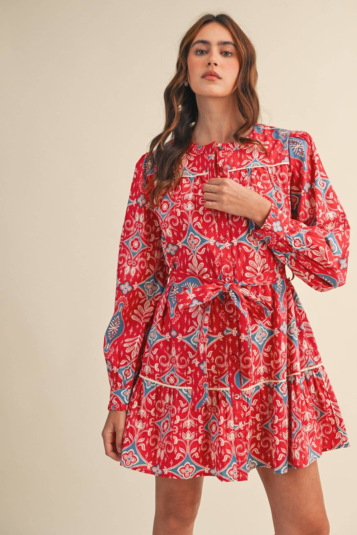&MERCI EXCLUSIVE PRINT LONG SLEEVE BUTTON DOWN MINI DRESS