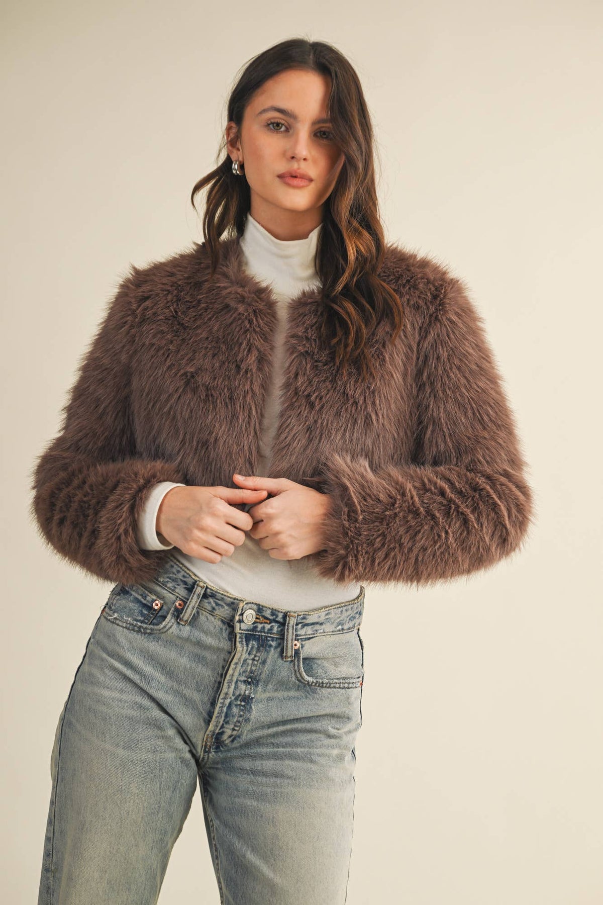 Mocha CROPPED FAUX FUR JACKET