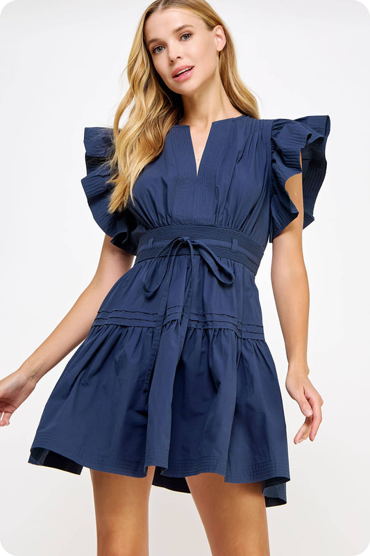 Strut & Bolt: Flutter Sleeve Poplin mini dress - NAVY
