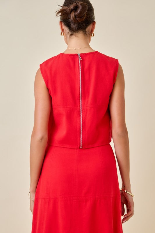 Denim crop top & zippered skirt set: RED