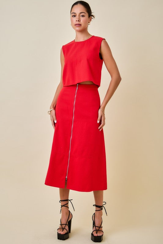 Denim crop top & zippered skirt set: RED