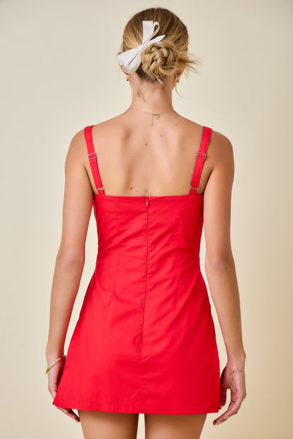 Front Twist Poplin Romper w/ overlay skirt : RED