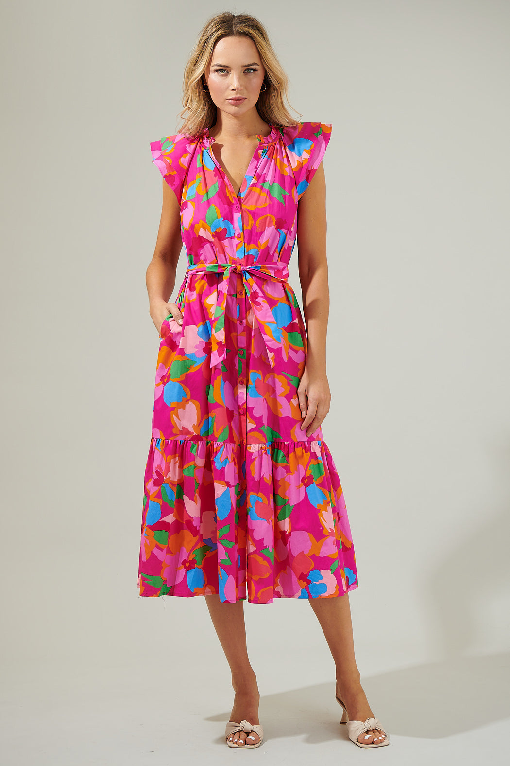 Sugarlips: Daphne Floral Dynamite Button Midi Dress: FUCHSIA-MULTI