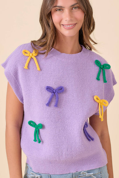 Mardi Gras Ribbon Bow Knit Top: Lavender
