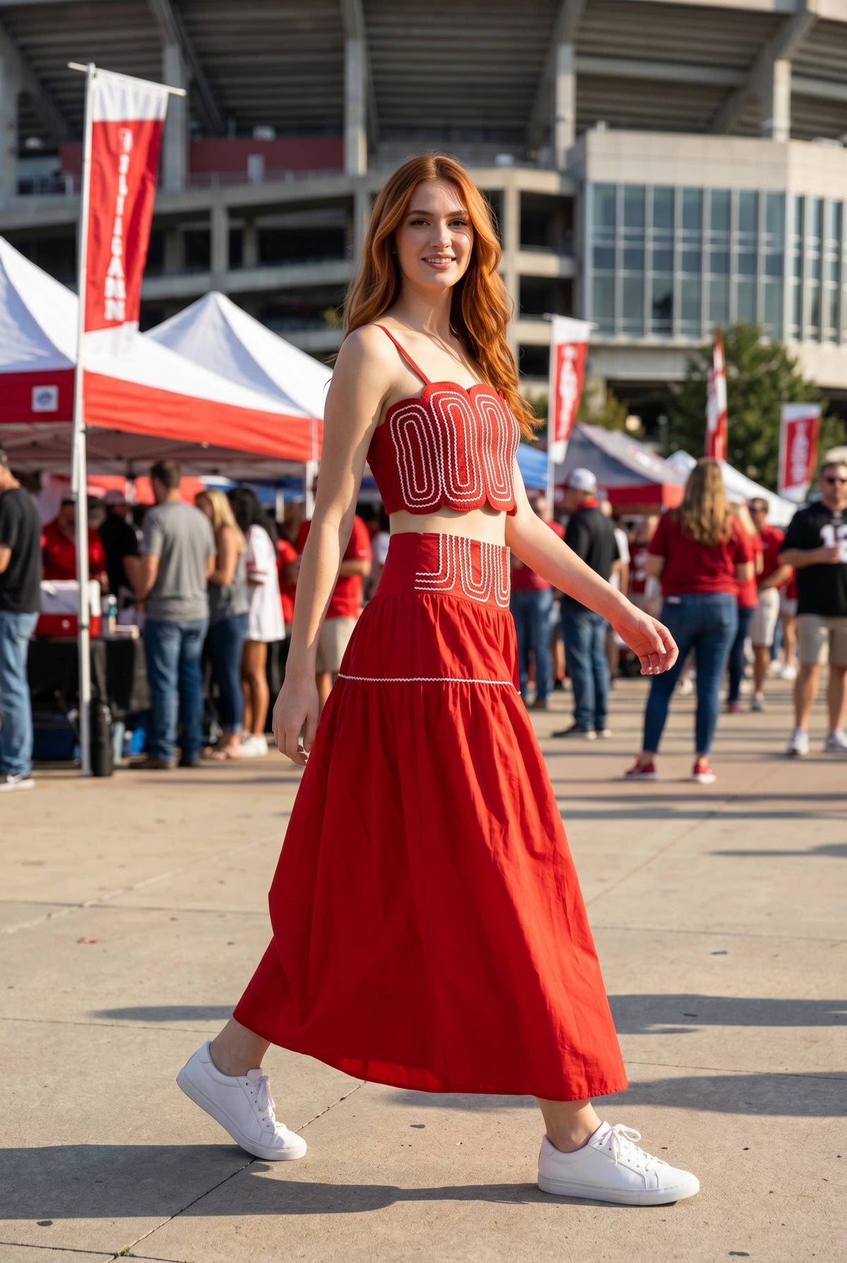 Exclusive Lace Trimmed Top & Skirt Set: RED : WHITE