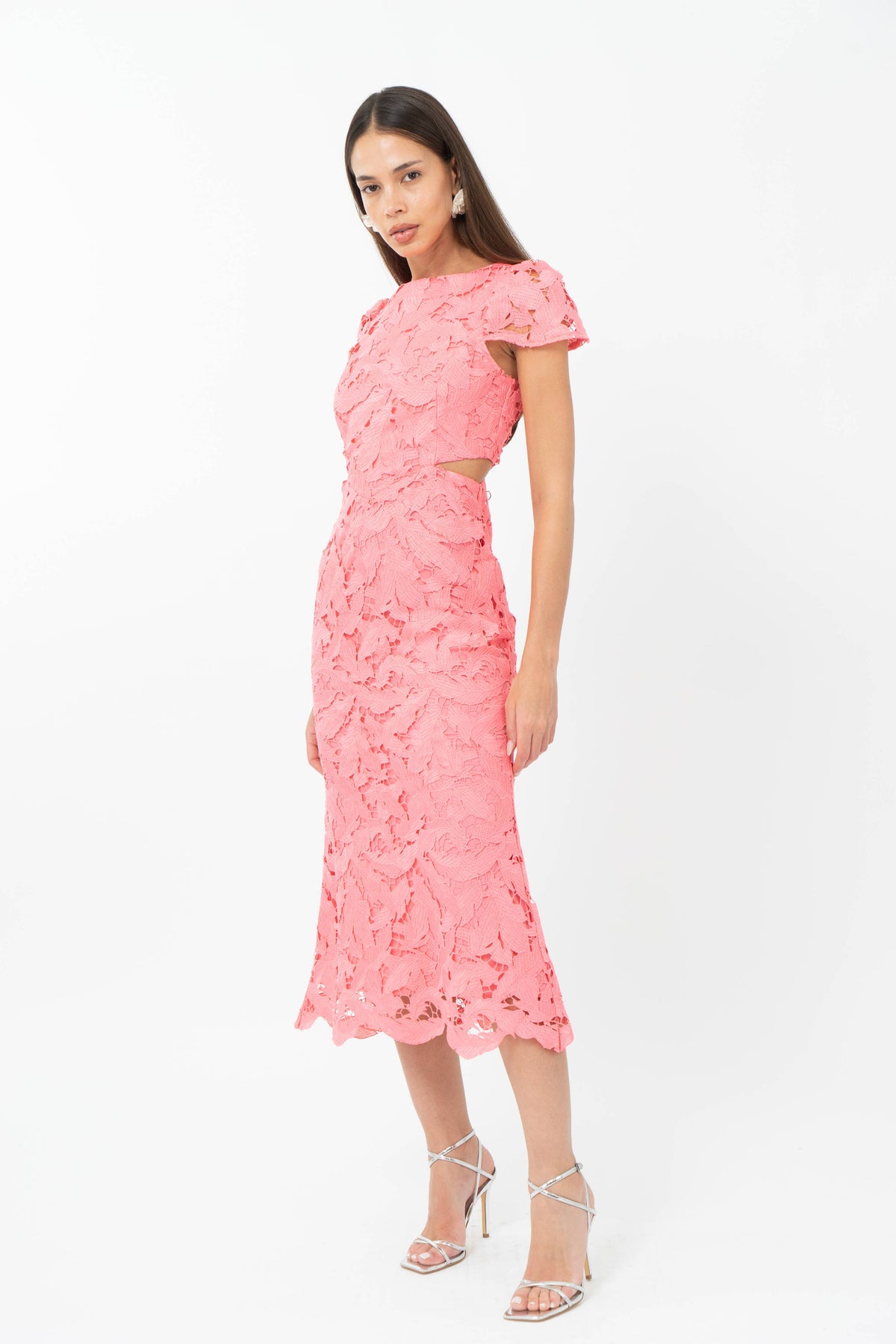 Adelyn Rae: Portia 3D Lace Cap Sleeve Midi Dress: Coral