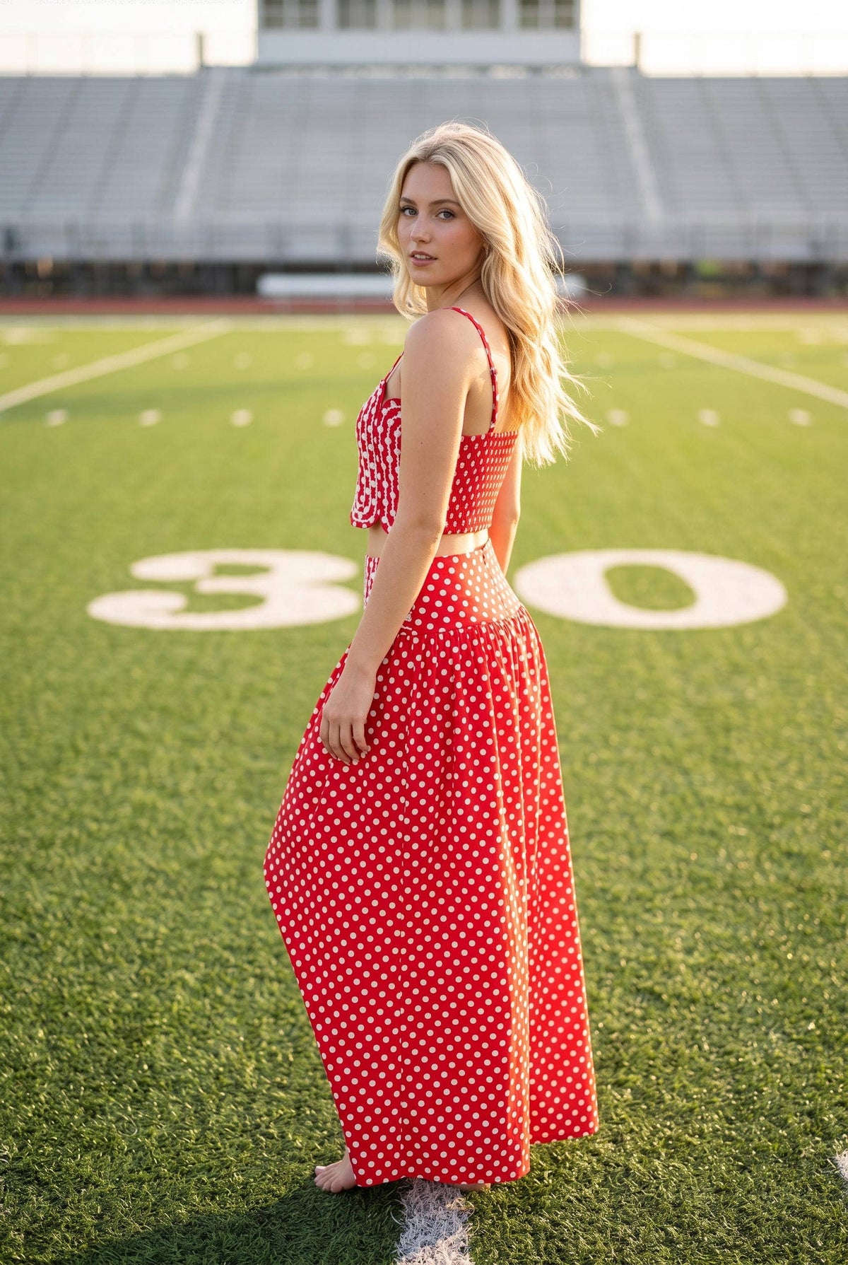 Trim Appliqué Crop Top And Polka Dot Maxi Skirt Set: RED : WHITE